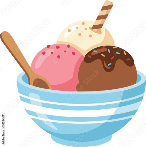 Bowl of ice cream with three scoops in different flavors, topped with chocolate syrup, sprinkles, and wafer sticks, illustrating a delicious dessert.