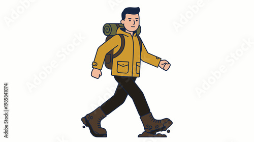 Hiker Man Walking with Backpack and Muddy Boots Illustration