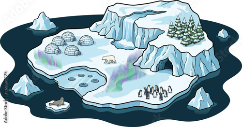 Arctic landscape vector illustration, polar ice cap with igloos, penguins and polar bear scene