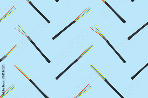 Vector seamless pattern with multi-core cables on a light blue background.