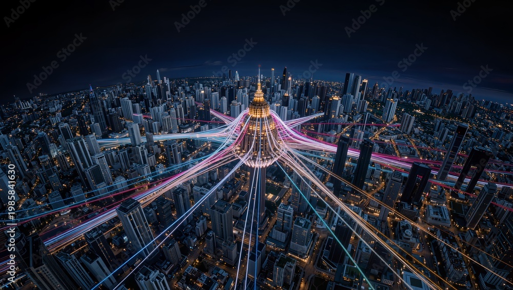 Obraz premium Aerial Smart City Intersection with Neon Data Flow at Night