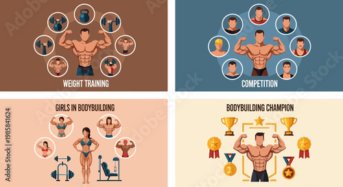 Male and Female Athletes Showcase Strength Training and Competition Poses in Fitness Themed Visuals