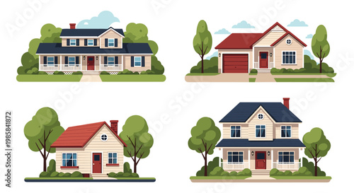 Set of four diverse architectural designs for suburban residential houses with yards and trees.