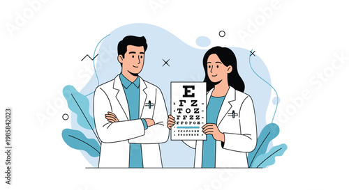 Male and female ophthalmologists standing together and holding a standard vision test eye chart for a checkup.