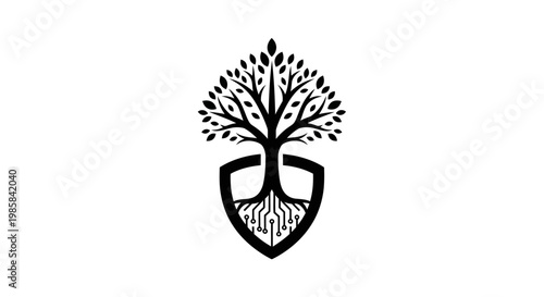 Tree growing from shield logo symbol.