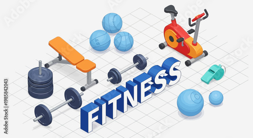 Collection of exercise equipment and weights arranged with 3d lettering spelling fitness for a healthy lifestyle concept