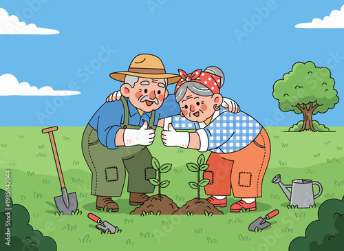 Happy senior farmers showing thumbs up with growing plants eco lifestyle illustration