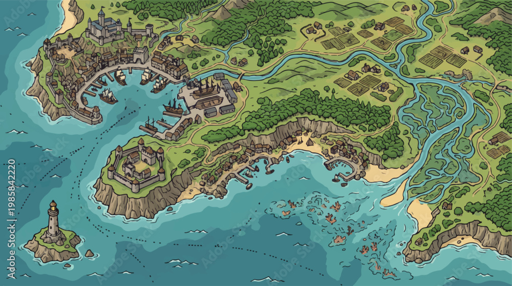 Fototapeta premium Fantasy world map vector, medieval coastal town with harbor, hand-drawn adventure game landscape