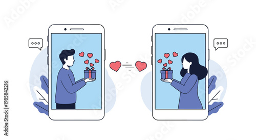 Two people on smartphone screens sending hearts and gifts to each other representing online dating.