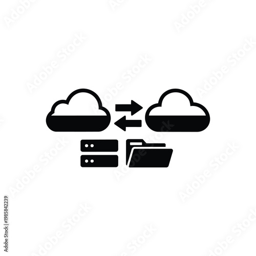 Cloud migration icon, cloud migration data transfer black and white vector