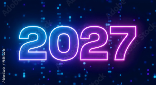 Illustration of the year 2027 glowing with neon blue and purple lights against a dark background with digital elements