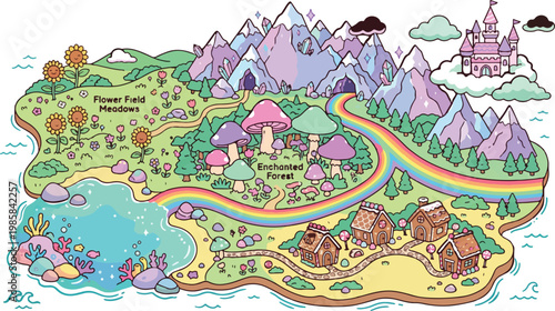 Fantasy world map vector, enchanted forest and fairy tale island, cute magical kingdom landscape