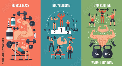 Bodybuilding Muscle Mass Gym Routine Weight Training Fitness Health And Wellness Concept With Athletes And Equipment