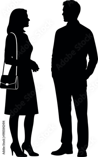 Black silhouette vector illustration of male and female professional couple standing and talking together isolated on plain white background design.