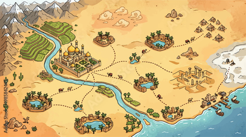 Fantasy desert map vector, ancient middle eastern kingdom, hand drawn game world illustration