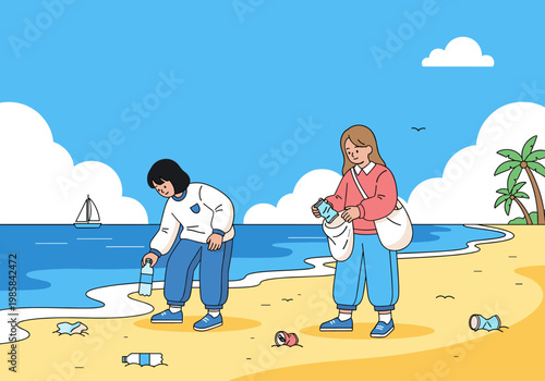 Women collecting trash on beach eco friendly lifestyle environmental care illustration