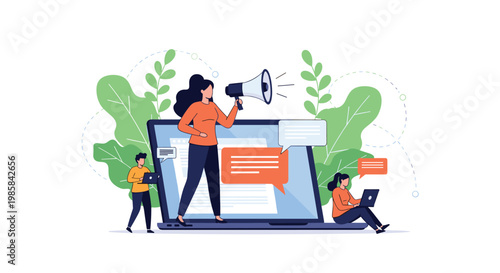 Marketing team broadcasting a message through a giant laptop screen with a woman using a megaphone to reach an audience.