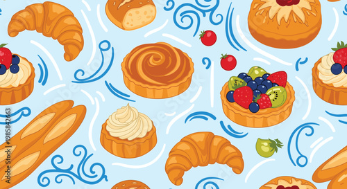 Seamless background pattern of delicious bakery items including croissants, fruit tarts, baguettes, and assorted pastries.