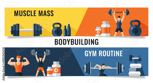 Fitness Banners Illustrating Muscle Building Weightlifting Exercises and Supplements for Gym Workouts and Healthy Lifestyles