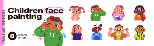 Happy kids with funny face paintings set. Cute little girls and boys with paint masks for Halloween and Birthday party. Creative child makeup for carnival. Flat isolated vector illustrations on white