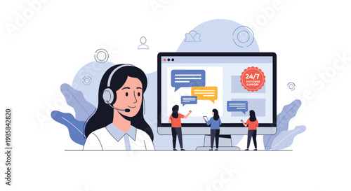 Customer support service concept with a large woman wearing a headset and team working on a computer screen for assistance.