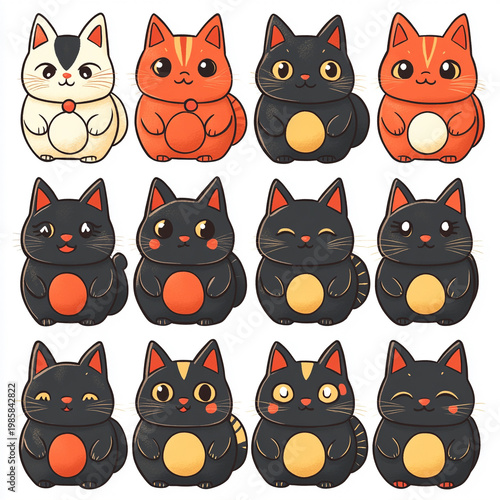 Cute Kawaii Cat Clipart Set, Vector Japanese Lucky Cat Characters, Funny Calico and Ginger Kitten Sticker Bundle, Minimalist Cartoon Animals for Kids Craft