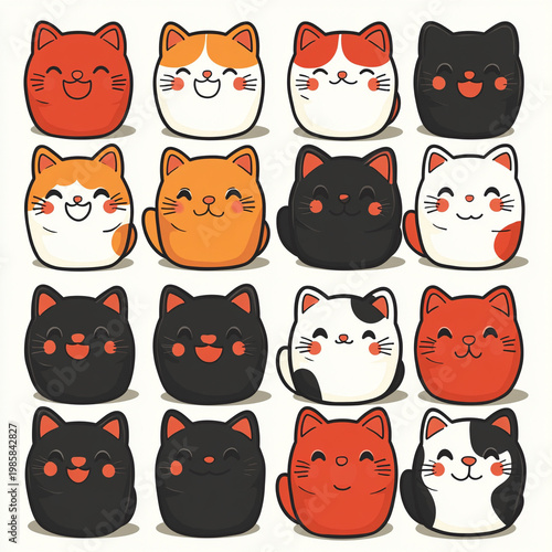 Cute Kawaii Cat Clipart Set, Vector Japanese Lucky Cat Characters, Funny Calico and Ginger Kitten Sticker Bundle, Minimalist Cartoon Animals for Kids Craft