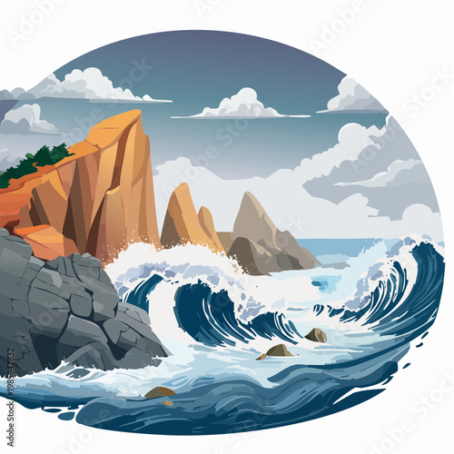 Eine dramatische, zerklüftete Küstenlandschaft mit rauen Felsen, gegen die gewaltige Wellen donnern. 