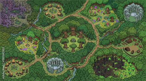 Fantasy world map vector, enchanted forest game level design, magical woodland village landscape