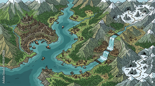 Fantasy world map illustration, medieval kingdom landscape, hand drawn game background vector