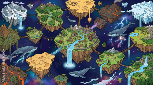 Fantasy floating island map, magical world game level design, cosmic space background vector