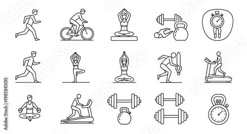 Collection of Outline Icons Representing Fitness Activities And Sports Equipment For Health Lifestyle Design Elements