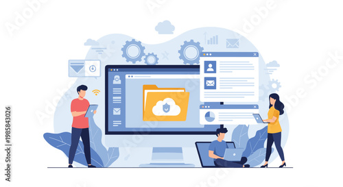 Team of professionals working on a large computer screen representing digital file management and cloud storage services.