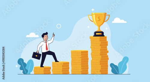 Success concept showing a businessman climbing coin stacks towards a golden trophy cup on a blue background with clouds.