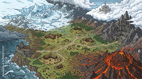 Fantasy world map vector, medieval rpg landscape with volcano and ice, hand drawn gaming map