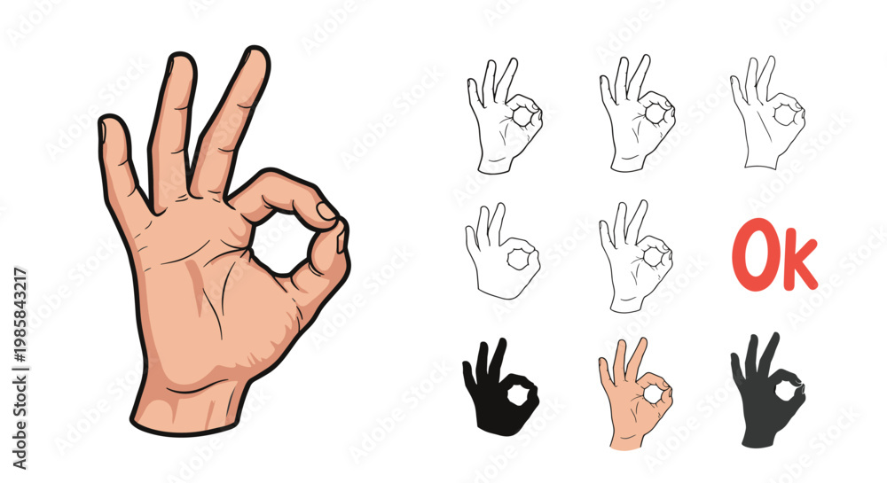 Fototapeta premium Collection of OK hand gesture icons in various styles including line art, flat color, and solid black silhouette.