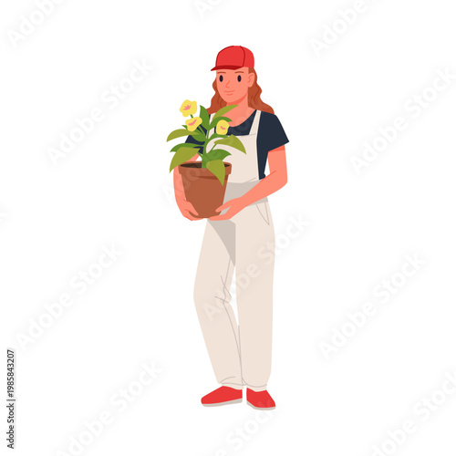 Smiling young woman in overalls and red cap holding a blooming potted plant, standing isolated on white background vector illustration