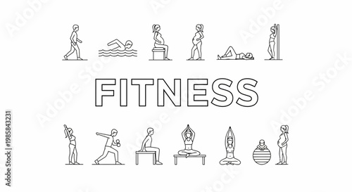 A detailed, outlined vector graphic showcasing diverse fitness activities and exercises, including swimming, weightlifting, yoga, and stretching, promoting health and wellness in a minimalis