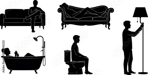 Black vector silhouettes of people relaxing at home, sitting on sofa, bathing in tub, using toilet, and adjusting floor lamp.