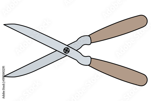 Garden shears with a wooden handle. Color vector illustration. Isolated on white background. Tool for plant care, trimming grass and branches. Web design idea.