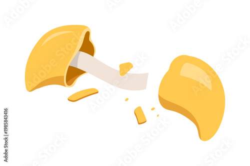 Crisp isolated fortune cookie cracked open with message slip and crumbs on white vector illustration