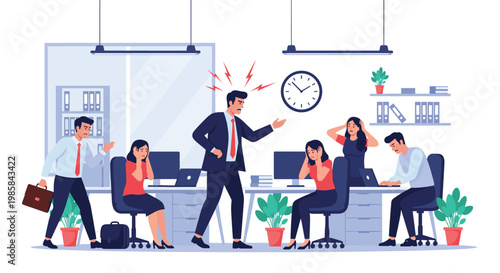 Stressed office workers facing an angry boss shouting in a workplace environment with clocks and computers.