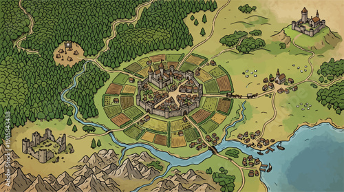 Vintage fantasy map vector, medieval kingdom landscape, hand drawn world map with castle and forest