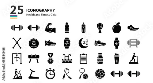 Collection of Health and Fitness Gym Related Icons Presented in a Grid Layout on a White Background