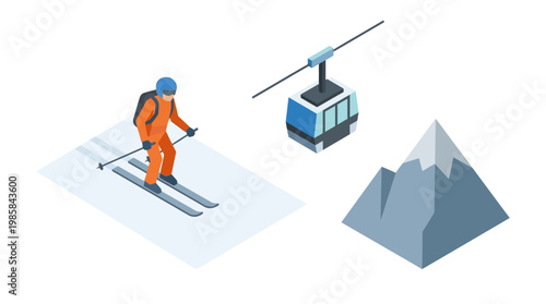Skier descending snowy slope near cable car and mountain peak illustration