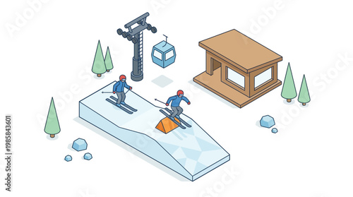 Isometric illustration of skiers on slope with chairlift cabin and winter landscape