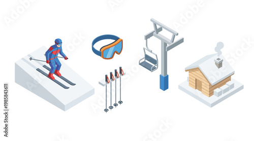 Isometric skiing illustration skier goggles lift and cabin on white background