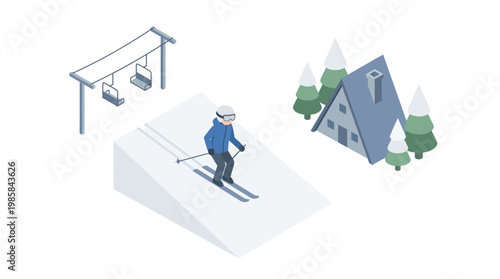 Skier descending snowy slope near ski lift and house winter recreation scene