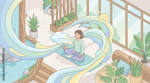 Woman meditating indoors with abstract flowing energy representation illustration