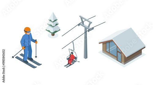 Isometric skier skiing with lift and cabin against white background winter activity
